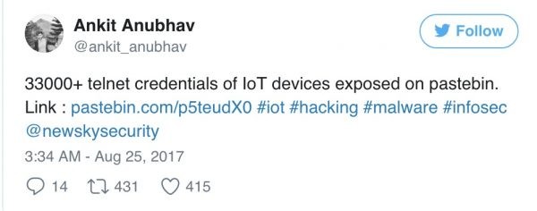 逾 1700 臺(tái) IoT 設(shè)備的有效 Telnet 憑據(jù)在線(xiàn)泄漏，61％ IP 位于中國(guó)-E安全